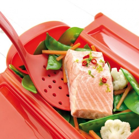 Набор: Форма для запекания Emile Henry с силиконовой крышкой 3-4 порции (салатовый, 32x22см, 2л) + ложка (салатовая) и шумовка (красная) силиконовые в подарок от Lekue!